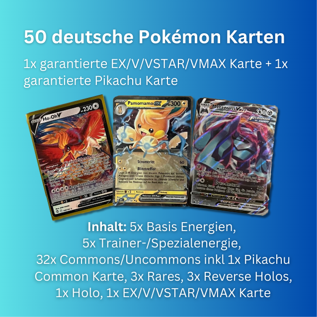 50 Pokemon Karten auf deutsch mit 1x V / Ex / VSTAR / VMAX garantiert